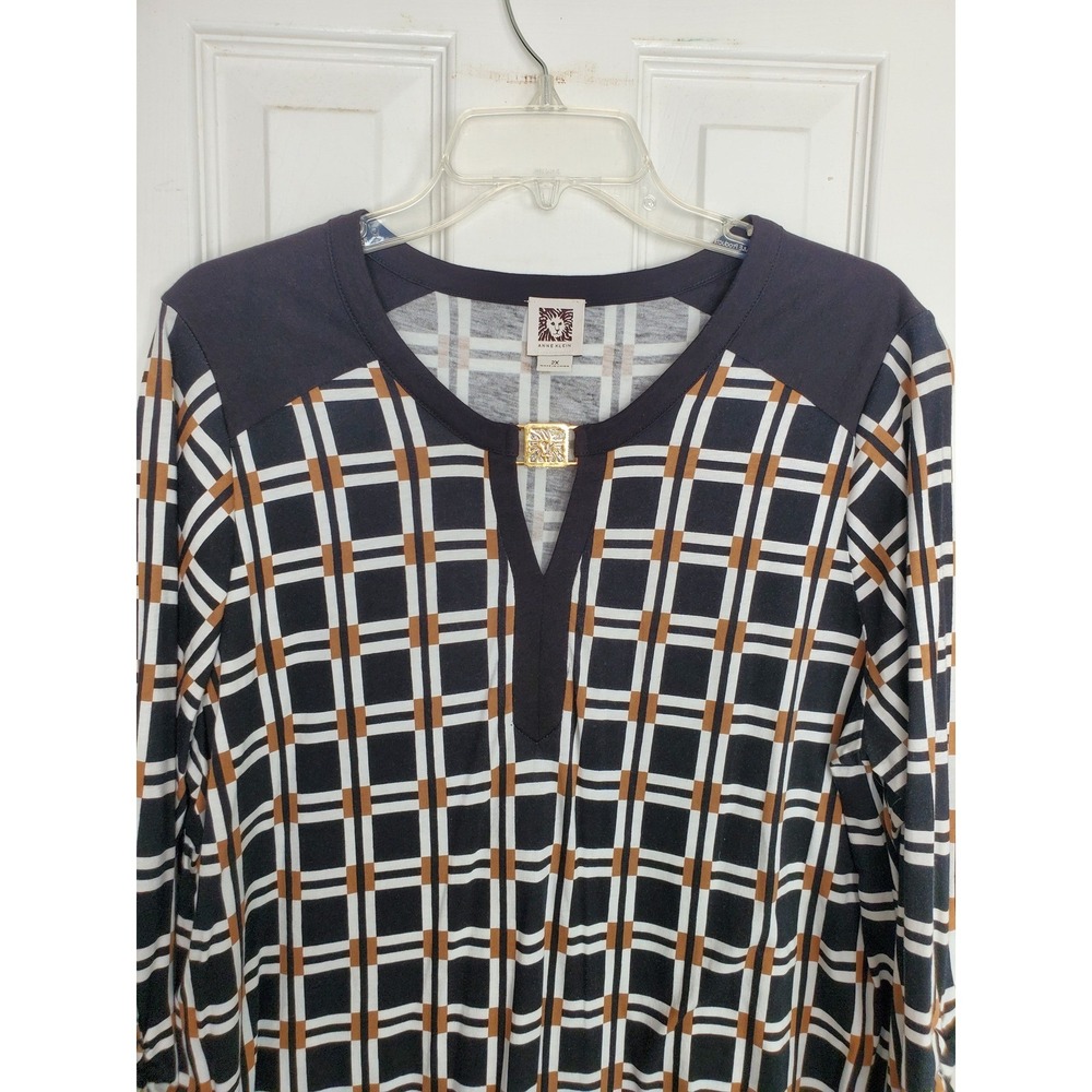 Anne Klein Tunic Top Black Plaid Lion Hardware Workwear Blouse Plus Size 2X